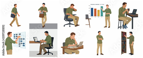 Vector illustration set of a professional man in various business activities, working, presenting, and multitasking in an office environment.