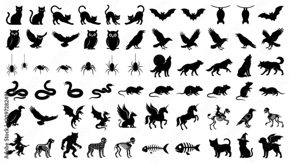 Fototapeta premium Halloween Animal Silhouette Collection Black Cat Bat Owl Spooky Vector Icons
