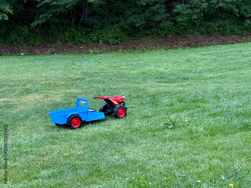 Obraz premium Blue and red trailer toy on a green grass. 