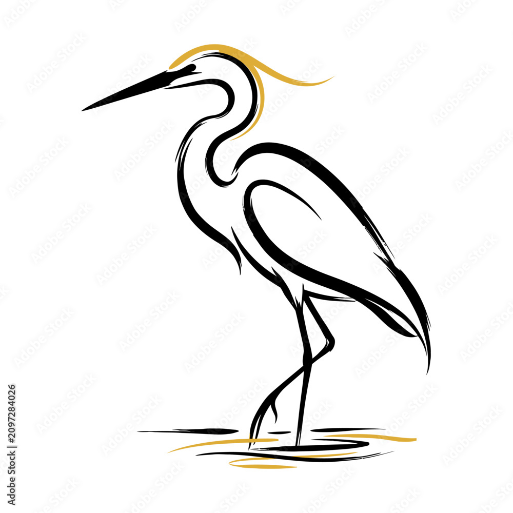 Obraz premium Elegant heron bird line art with gold crown accent