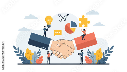 Business Partnership Illustration featuring handshake with tiny professionals, lightbulb, and puzzle icons ideal for corporate presentations and startup marketing.