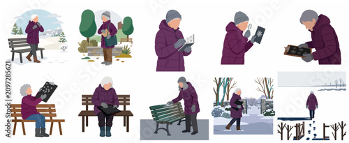 Konstfotografi Senior Woman Observing Snowflakes and Nature in a Winter Park Illustration Colle