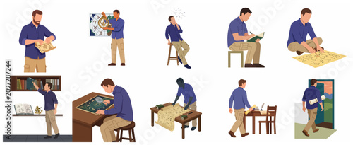 Konstfotografi Set of illustrations of a researcher and explorer studying ancient maps, celesti