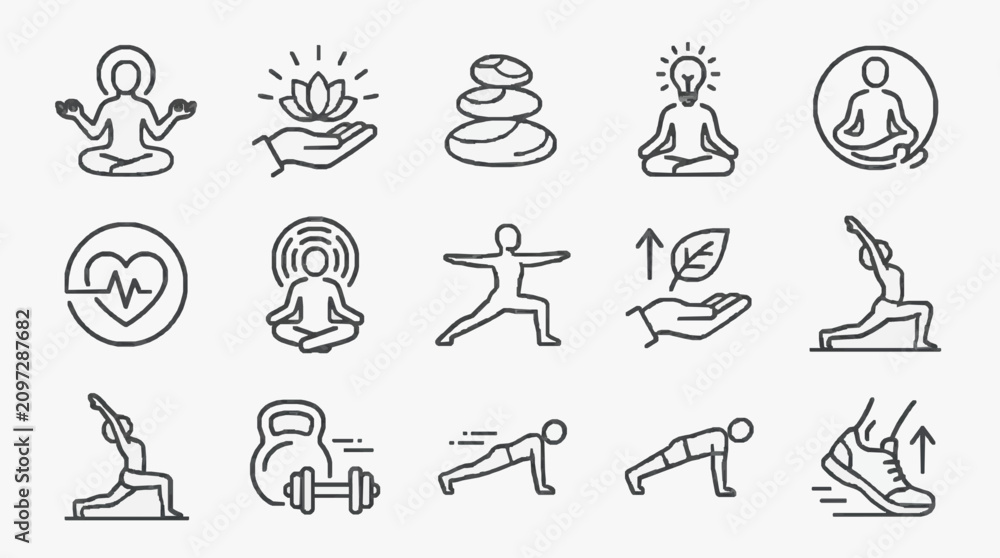 Obraz premium Modern Black and White Line Set of Yoga Meditation Fitness and Wellness Icons for Digital Design