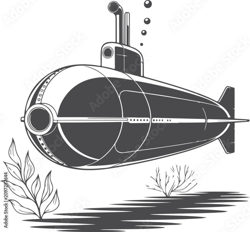Vintage style illustration of military submarine underwater with seaweed bottom and bubbles rising to surface for nautical theme graphic design projects.