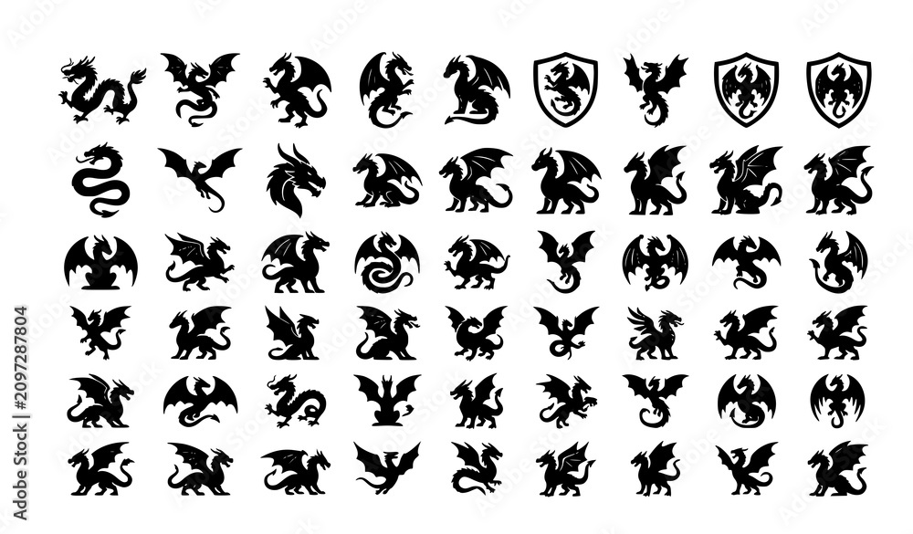 Obraz premium Black Dragon Silhouette Icon Set with Mythical Creature Logos Eastern and Western Fantasy Vector Collection