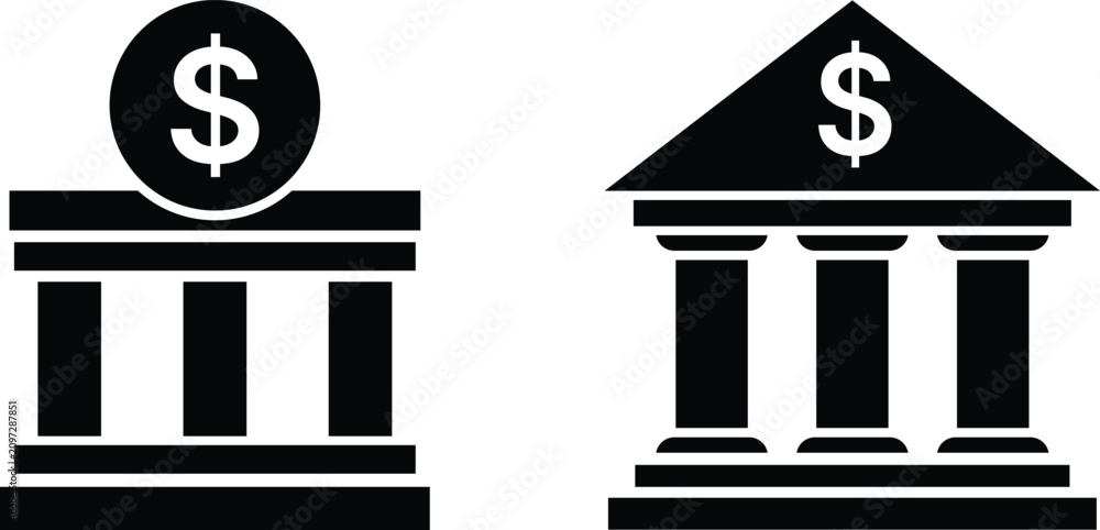 Obraz premium Two black and white bank building featuring a dollar sign symbol on a plain white background