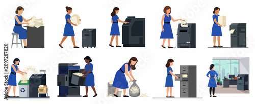 Foto Flat vector illustration set of a professional woman managing office document shredding, recycling, and filing for data security