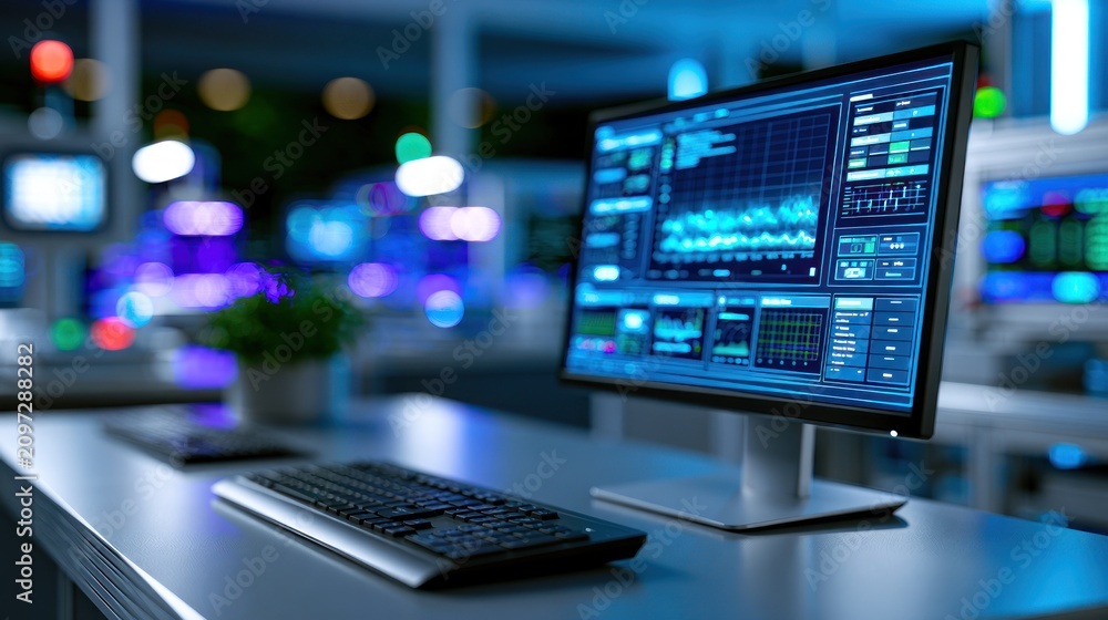 Fototapeta premium A sleek office desk setup with a modern computer monitor displaying data, set against a blurred, colorful background