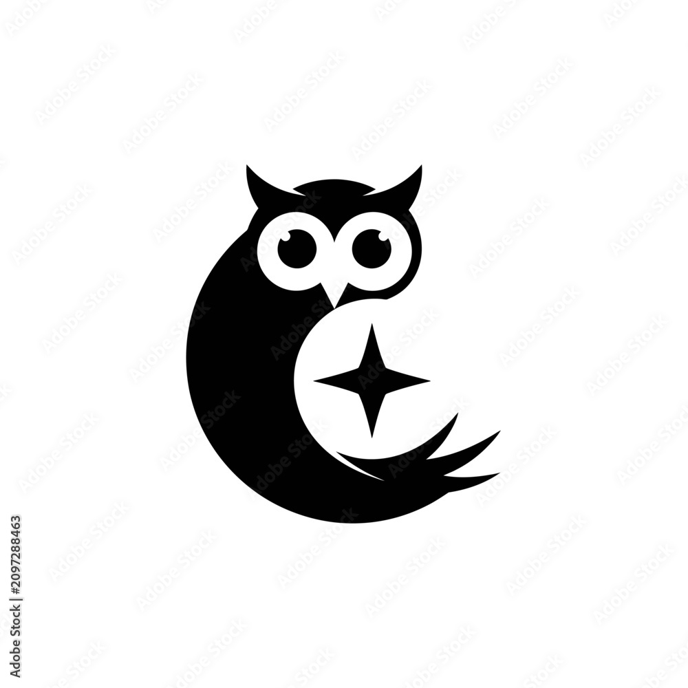 Fototapeta premium Stylized black owl logo icon with star on white background