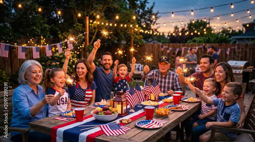 Family Celebrating Independence Day with Sparklers and BBQ