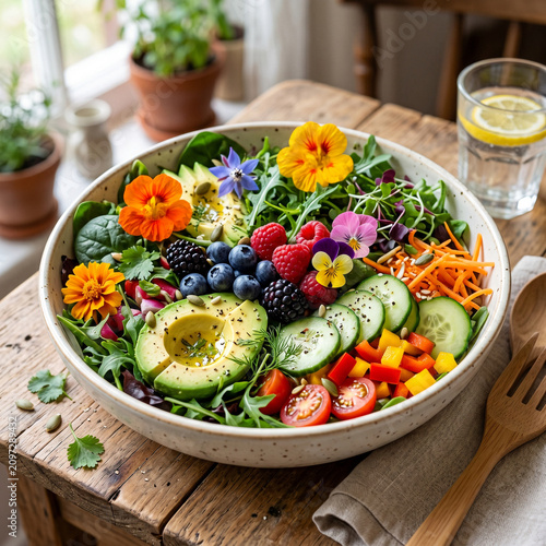 Vibrant Healthy Salad with Avocado, Berries, and Edible Flowers on Rustic Table
