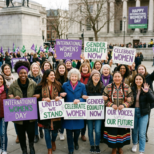 Diverse women celebrate International Women's Day with equality and empowerment signs