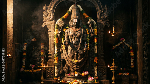 Lord Venkateswara Deity Statue in Hindu Temple Shrine, Devotional Worship, Spiritual Atmosphere