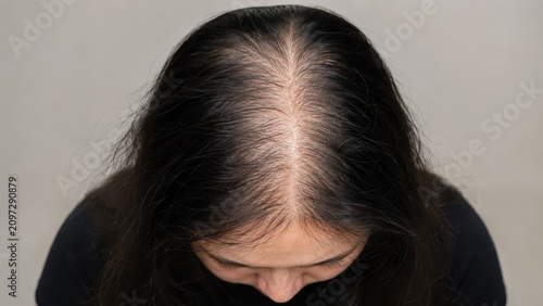 Top view of woman head showing thinning hair and visible scalp as hair loss or balding condition