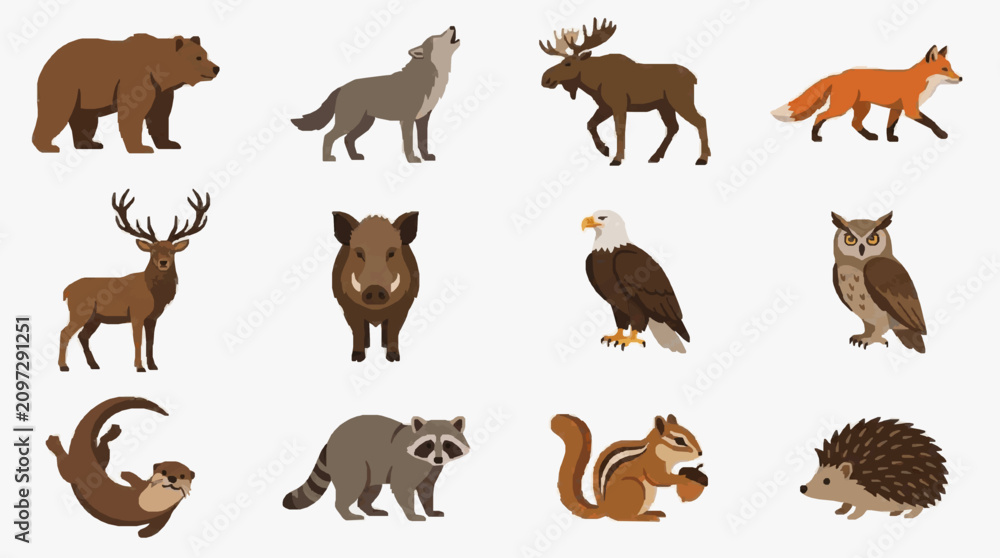 Obraz premium Modern Illustrated Collection of 12 Diverse Forest Animals in Earthy Brown and Neutral Tones Icons
