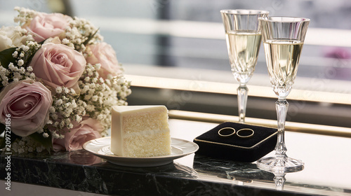 flute. Wedding cake slice with bridal bouquet of pink roses, gold rings and champagne flutes, celebration details. symbolizing life milestones and joyful moments.