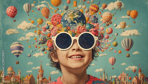 Surreal portrait of a happy child wearing round sunglasses reflecting a galaxy, with planet Earth, colorful balloons and a whimsical fantasy town exploding from imagination, creativity and dreams