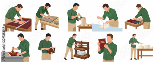 Foto Set of manual bookbinding process illustrations with male artisan craftsman char