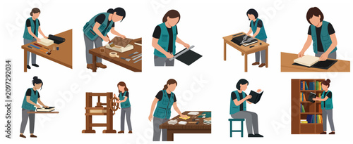 Fotografie Professional bookbinding and restoration process set featuring female artisans w