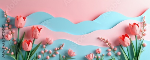 Layered paper craft banner with pink tulips, yellow mimosa sprigs on soft blue waves. Floral spring background template with empty copy space for greeting cards posters branding. Elegant botanical