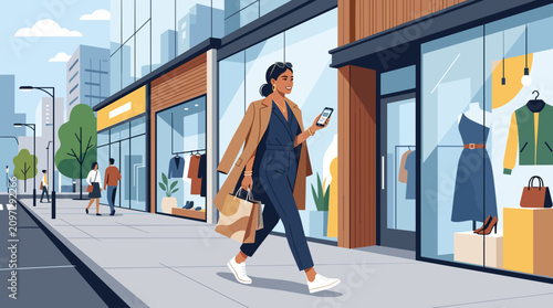 Stylish woman walking past store windows in city shopping street fashion lifestyle concept for boutique retail travel promotion urban elegance consumer culture seasonal campaign visual design