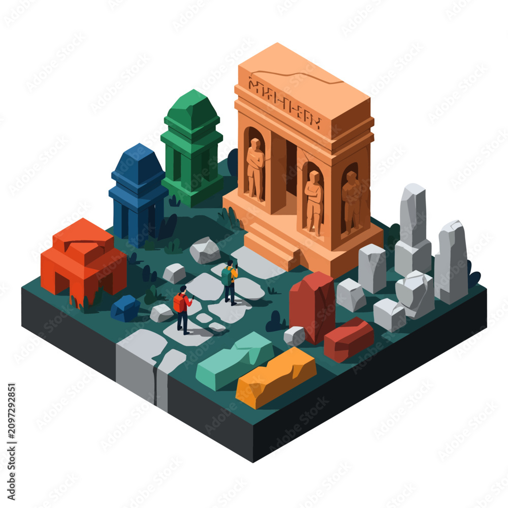 Obraz premium Colorful modular futuristic LEGO diorama with ancient temple ruins and miniature figures, concept for creative play, educational STEM projects, architectural modeling, and hobbyist collections