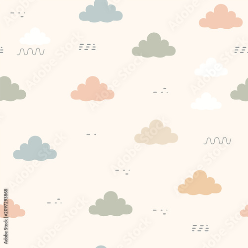 Minimal Scandinavian seamless pattern featuring soft pastel clouds, abstract hand-drawn marks and a clean neutral color palette. for nursery textiles, baby products, wrapping paper, wallpaper, fabric,