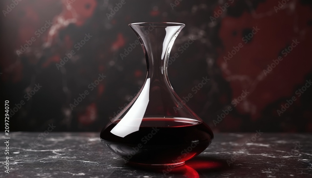Obraz premium Elegant glass decanter holds red wine on dark marble table. Transparent container modern shape with deep liquid inside. Luxury beverage sits against blurred abstract background. Stylish kitchen