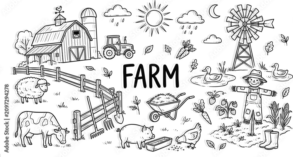 Fototapeta premium Agriculture and Rural Farm Life Concept Element Set Featuring Barn House Tractor Windmill Scarecrow Livestock Animals And Fresh Vegetables Hand Drawn Doodle Vector Illustrations