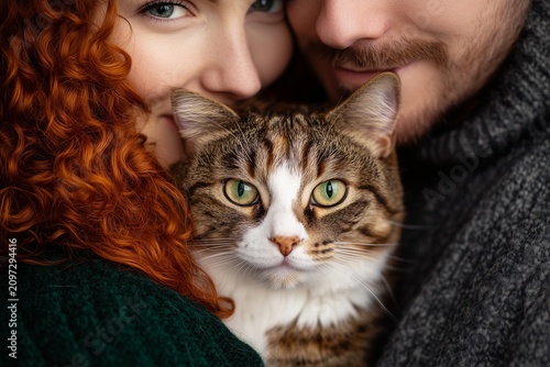 Close-Up Family Portrait with Young Couple and Tabby Cat Between Them. Childfree Family Concept.