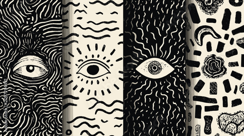 Foto Abstract Black and White Eye Patterns with Wavy Lines and Unique Graphic Designs