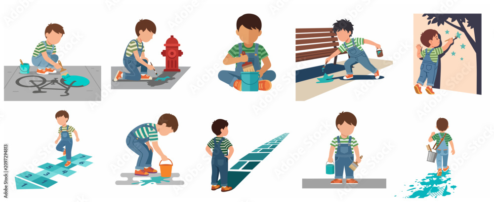 Fototapeta premium Set of vector illustrations of a little boy painting and drawing with blue paint outdoors, creative child character in various poses.