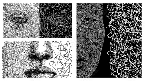 Konstfotografi Abstract Black And White Portrait With Intricate Lines And Patterns Conveying Hu