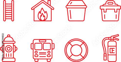Fire Safety Equipment Line Icon Set with Extinguisher Hydrant Ladder and Rescue Tools