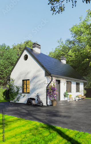 Modern White Country Cottage with Black Roof and Moped Outdoor