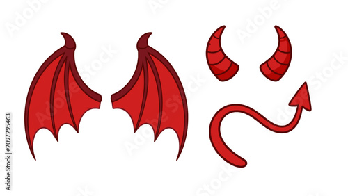 Obraz na płótnie Red devil wings horns and tail cartoon vector set