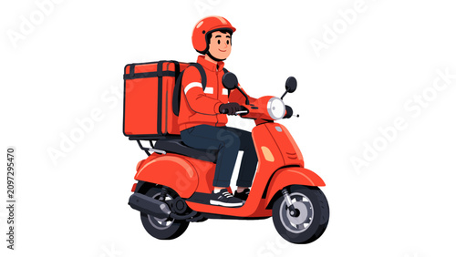 Delivery rider on red scooter with insulated backpack vector