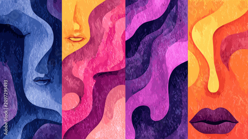 Schilderij op canvas Abstract Colorful Portraits with Flowing Shapes and Emotional Expressions in Vib