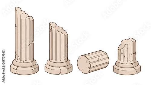Foto Set of broken classical stone columns in flat vector style