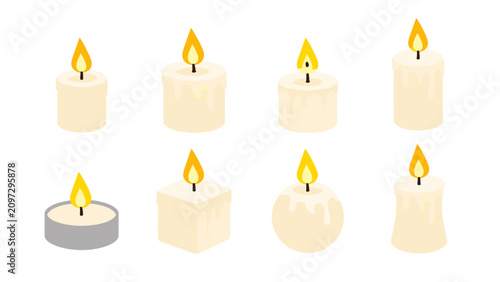 Photos Set of melting candles with flames in different shapes
