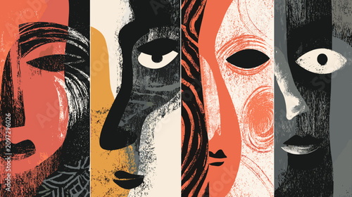 Schilderij op canvas Abstract Expressions of Faces in Vibrant Colors and Distinct Shapes Reflecting D
