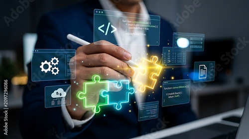 Professional developer using digital interface to assemble software puzzle pieces and optimize code architecture for modern business application development projects
