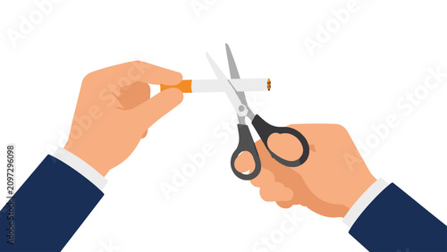 Fotografía Hands cutting cigarette with scissors flat vector illustration