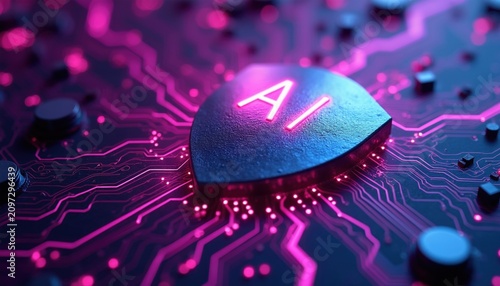 AI shield symbol on circuit board. Digital protection, network security, computer system defense. Tech innovation, data safety, cyberspace privacy. Future cyber war concept.