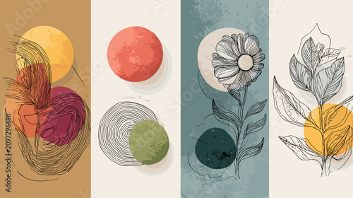 Abstract Floral Geometric Art with Circular Shapes and Leaf Patterns in Soft Earthy Tones