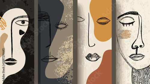 Quadro su tela Abstract Geometric Composition Featuring Four Unique Faces in Earthy Tones and M