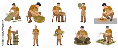 фотографія Set of craftsmen weaving wicker baskets, traditional handicraft artisan workshop