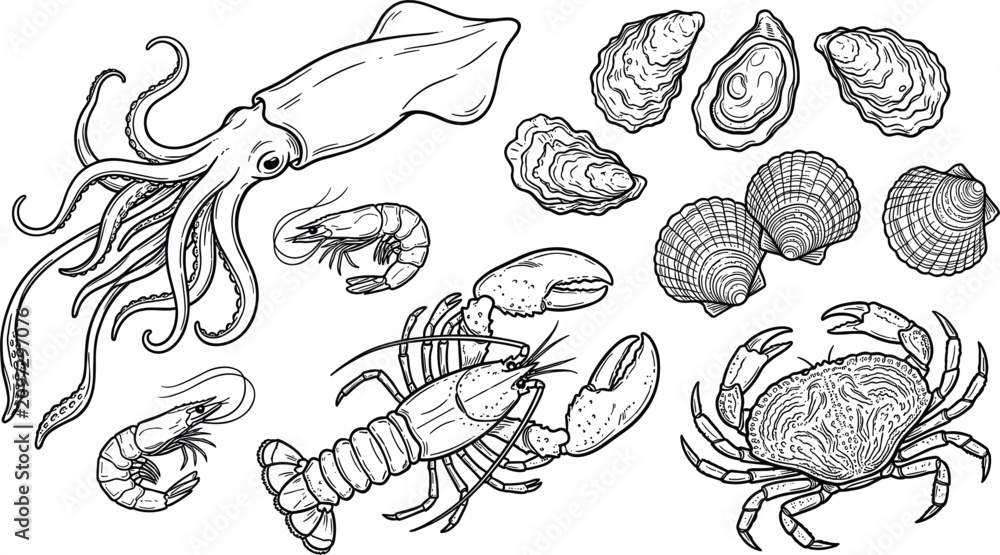 Fototapeta premium Fresh Seafood Element Set Featuring Squid Lobster Crab Shrimp Clams and Oysters Vintage Hand Drawn Engraving Sketch Vector Icons for Restaurant Menu