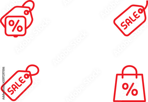 Set of red outline shopping icons featuring sale tags and discount bag for ecommerce websites